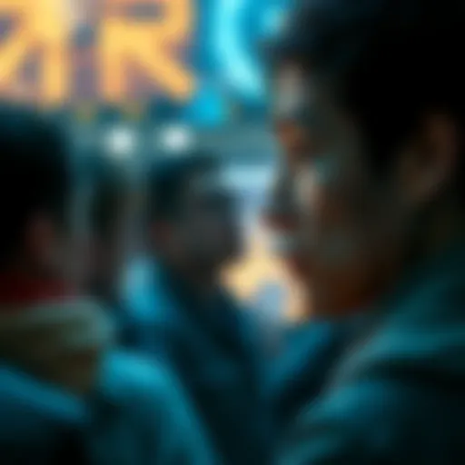 A person looking at a poignant image, tears in their eyes, surrounded by others sharing in the moment.