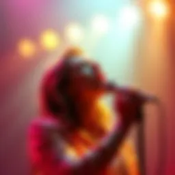 A singer passionately performing a vocal cover, expressing deep emotions with a microphone in hand, surrounded by soft lighting