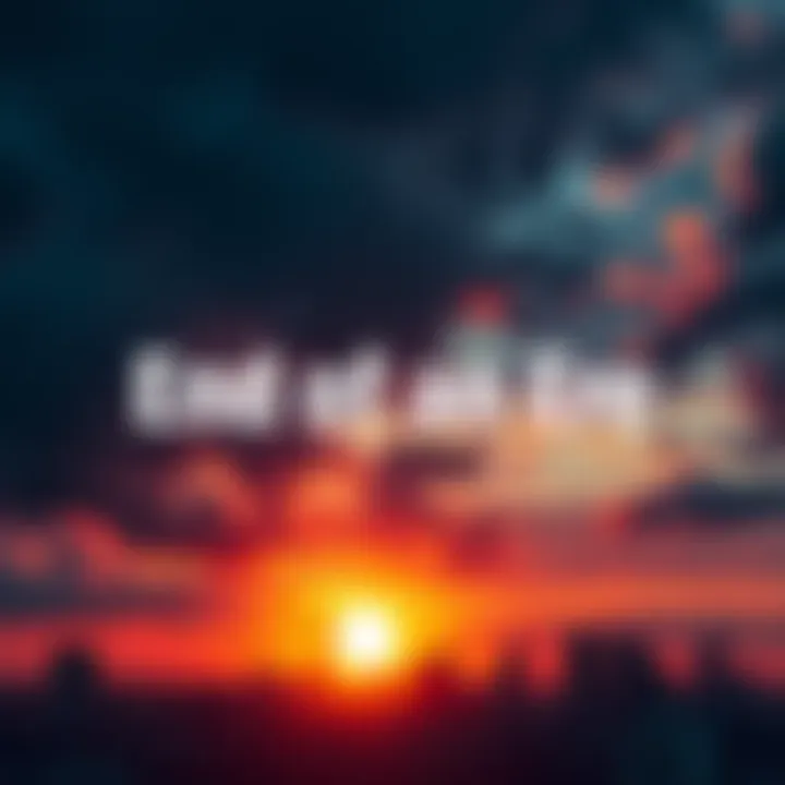 A sunset over a city skyline symbolizing the end of a significant period, with dark clouds forming in the background.