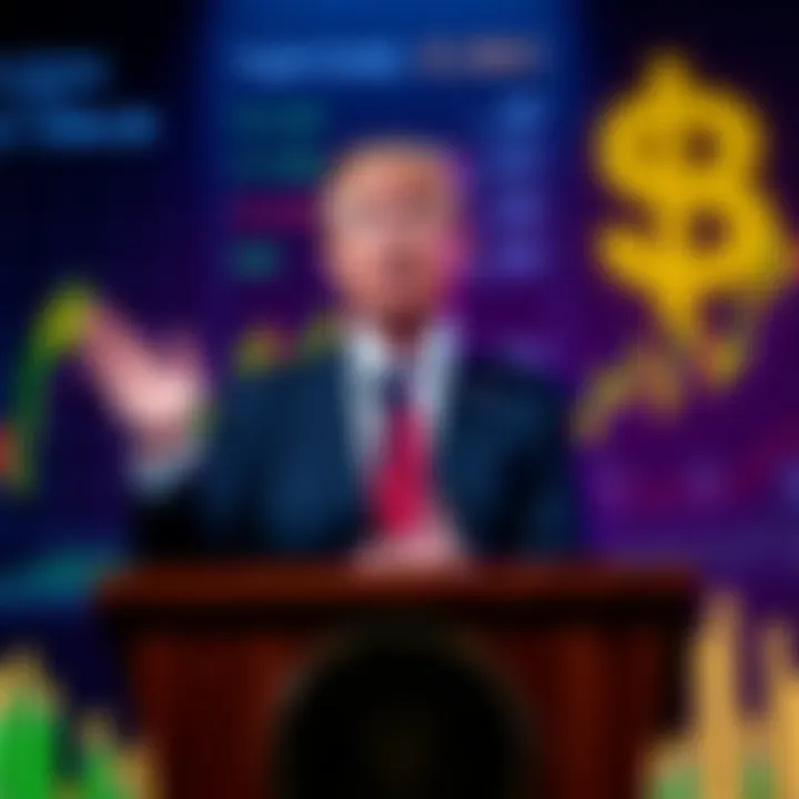 Eric Trump speaks at a podium about his family's $1 billion earnings in cryptocurrency, surrounded by financial charts and graphs.