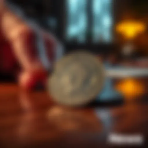 Close-up view of a potential error coin from before or after 1964, resting on a wooden table with a hand inspecting it.