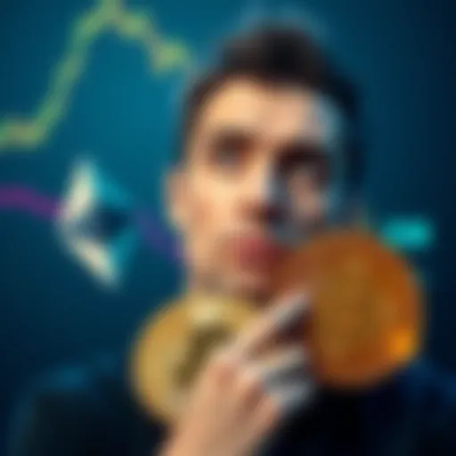 Ethereum and Bitcoin trade decision A person contemplating the decision to sell Ethereum for Bitcoin, with both cryptocurrency logos in the foreground and a perplexed expression