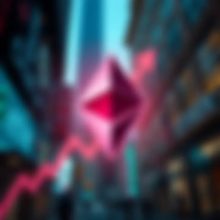 Graphic showing Ether logo with an upward trend arrow and Wall Street background