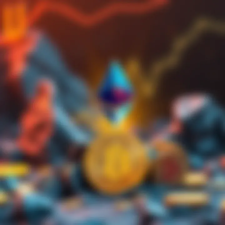 An illustration showing Ethereum's logo rising above Bitcoin's logo, symbolizing its growth in market value.