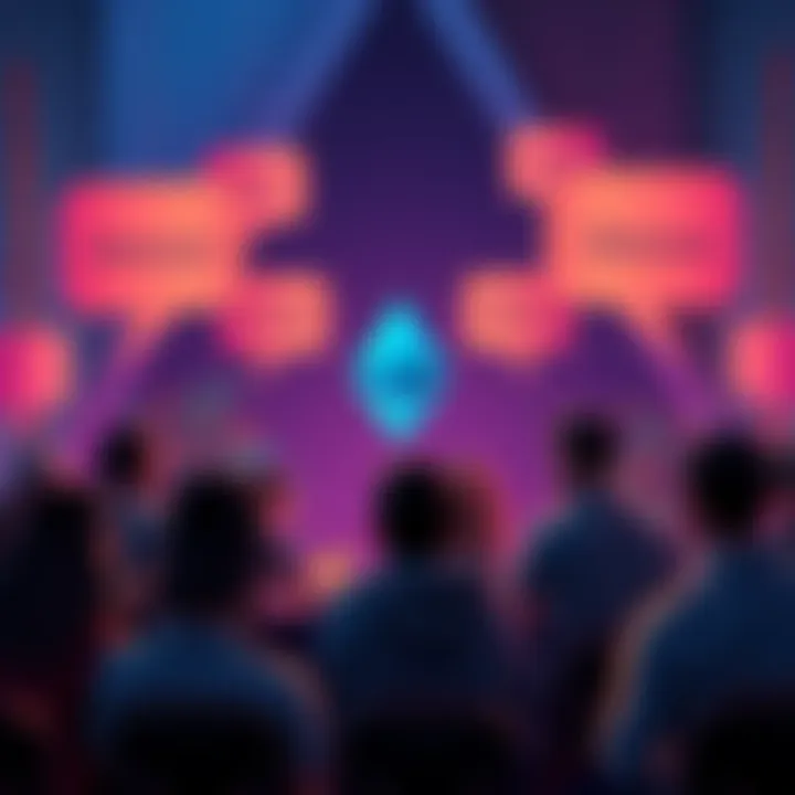 A graphic showing people engaged in a discussion about Ethereum, with speech bubbles representing topics like news and price updates.