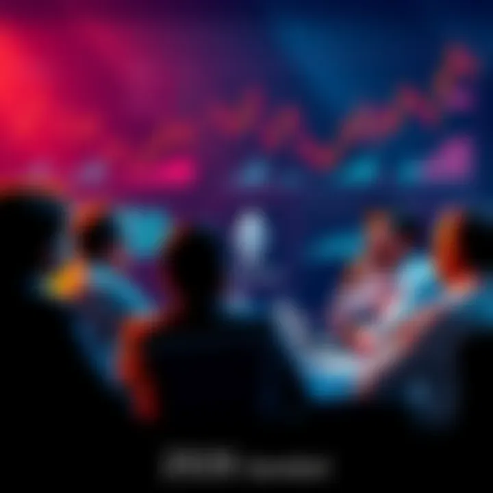 A group of people having a discussion about Ethereum topics, with charts and graphs in the background illustrating price trends and news updates.