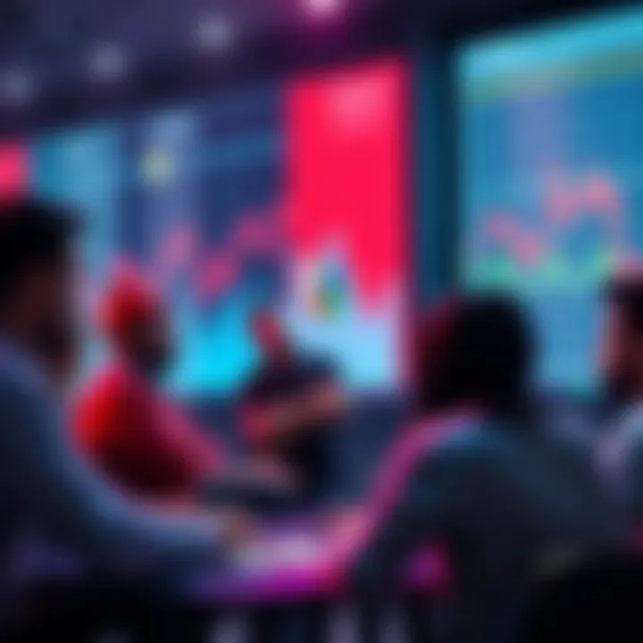 Ethereum Discussion A group of people discussing Ethereum with charts and graphs in the background