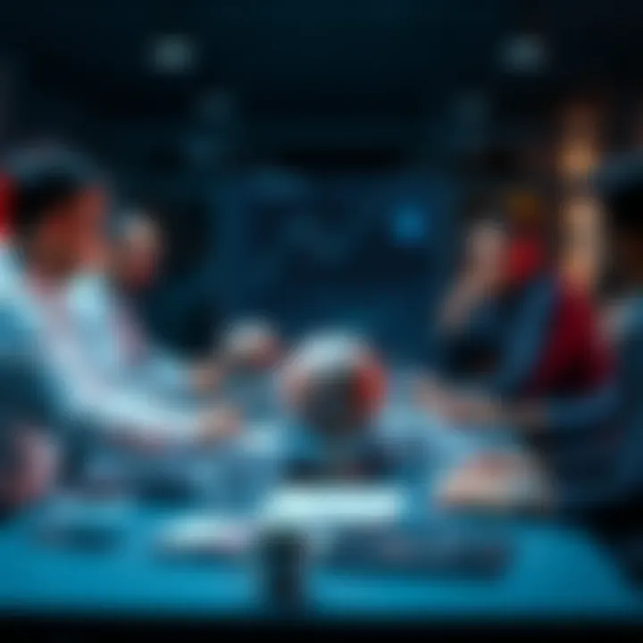 A group of people discussing Ethereum topics with charts and laptops at a table