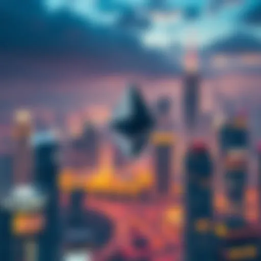 The Ethereum logo set against a vibrant, futuristic city skyline, symbolizing the potential growth and future of the platform by 2026