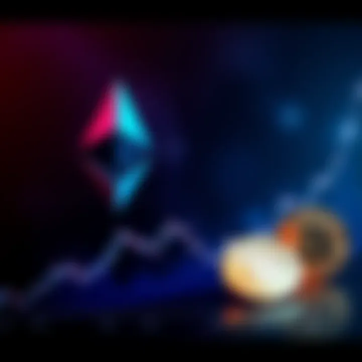 Graph showing Ethereum's price stagnation compared to Bitcoin's growth, with upward and downward trends illustrated for both cryptocurrencies.