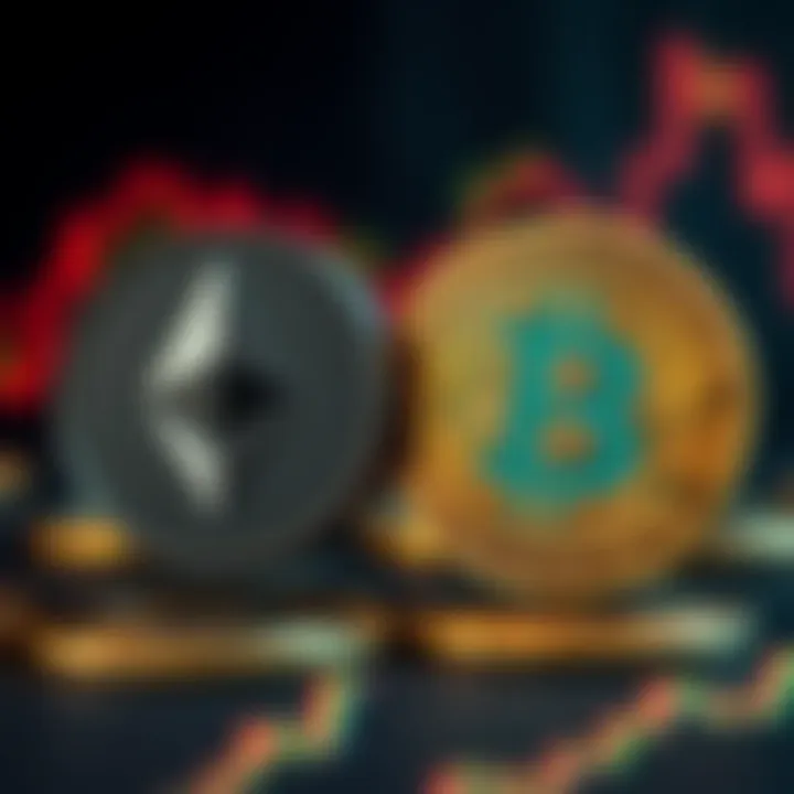 Visual comparison of Ethereum's and Bitcoin's logos with monetary symbols, highlighting differences in their monetary policies.