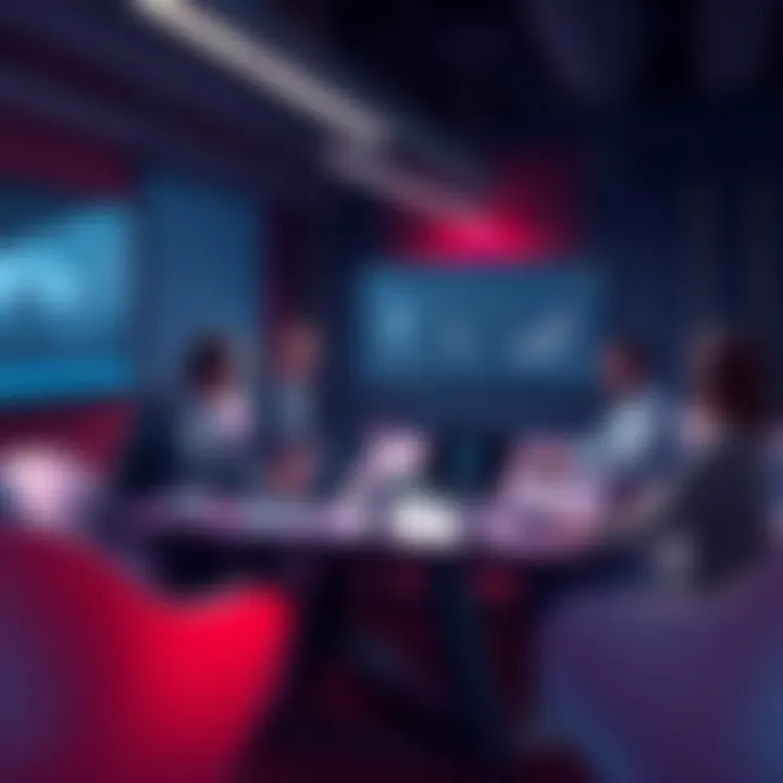 Ethereum Community Discussion A group of people discussing Ethereum topics around a table with laptops and charts