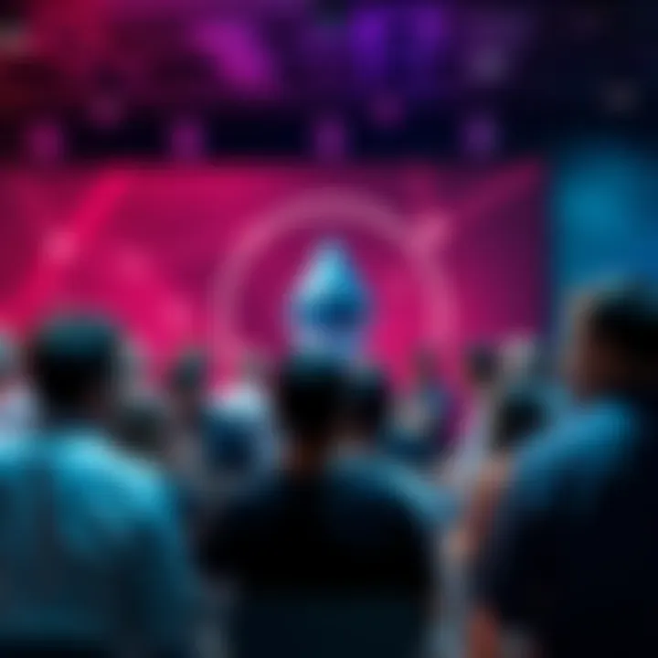 A group of people discussing Ethereum topics in a forum, sharing insights and predictions, with a digital Ethereum logo in the background.