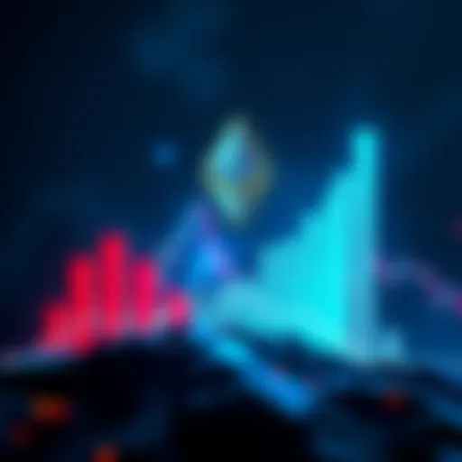 Graphic showing Ethereum logo with rising trading volume bars, indicating dominance in decentralized exchange activity.