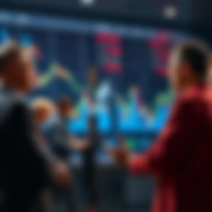 People engaging in conversation about Ethereum with charts and graphs in the background