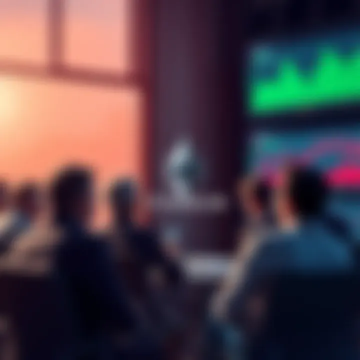 A group of people discussing Ethereum with charts and screens showing crypto data in the background