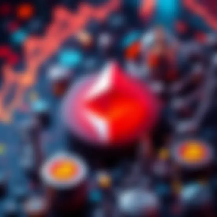 Ethereum logo with financial symbols Ethereum logo surrounded by financial icons representing growth and stability