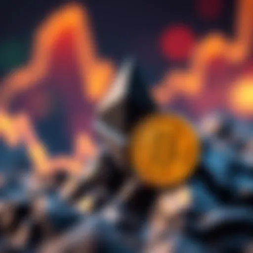 Ethereum symbol with upward trend graph and Bitcoin symbol, showing Ethereum's rise in value compared to Bitcoin.