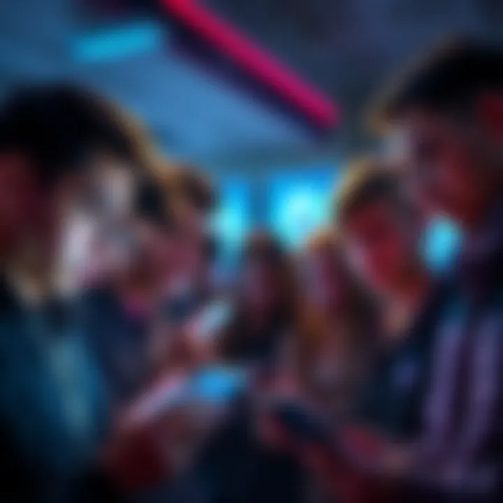 A group of Ethereum investors looking anxious while checking their phones as investment values drop.