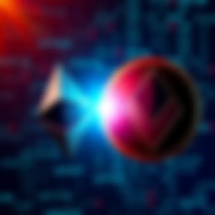 A visual comparison of Ethereum and Monero logos, symbolizing their rivalry in privacy features in cryptocurrency, with a background of digital coding elements.