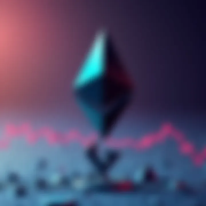 A digital representation of Ethereum's logo alongside a downward arrow, symbolizing the recent price drop and market panic.