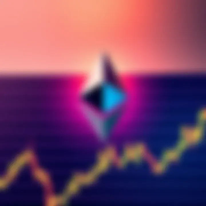 Ethereum logo with rising graph Ethereum logo above a chart showing rising values, indicating a surge in the market