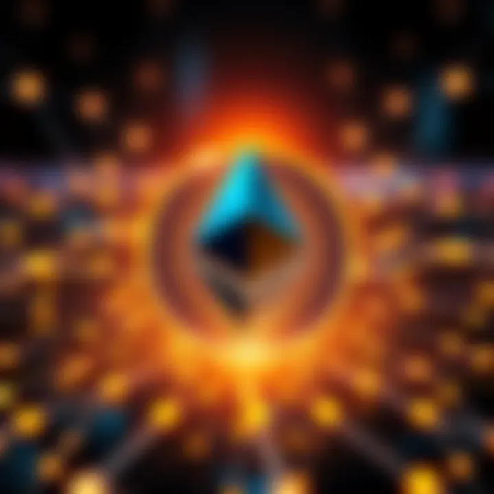 A digital representation of Ethereum symbolizing its role as a secure service layer, with a glowing gold background and network nodes connecting.