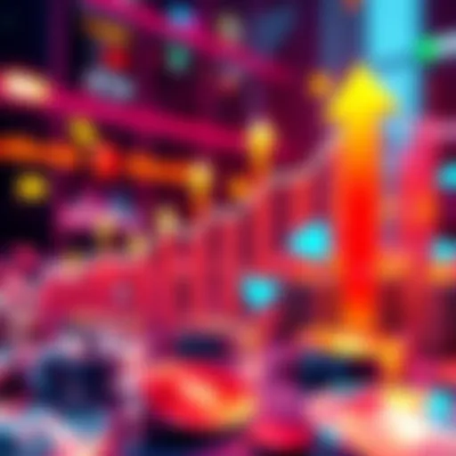 A graphic showing the rising transfer volume of Ethereum's stablecoins, with arrows pointing up and monetary symbols, representing significant financial activity.