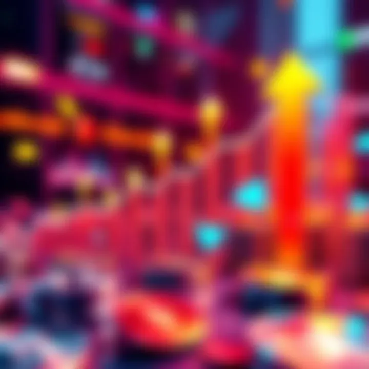 A graphic showing the rising transfer volume of Ethereum's stablecoins, with arrows pointing up and monetary symbols, representing significant financial activity.