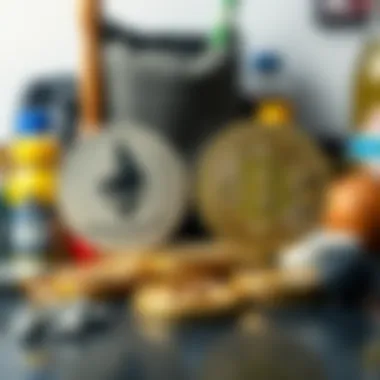 A side-by-side comparison of Ethereum and Bitcoin logos with everyday items in the background, symbolizing their potential uses in daily transactions by 2036