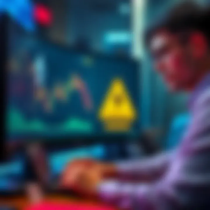 Ethereum Warning A worried investor looking at a computer screen displaying Ethereum graphs and warning signs about investment risks.