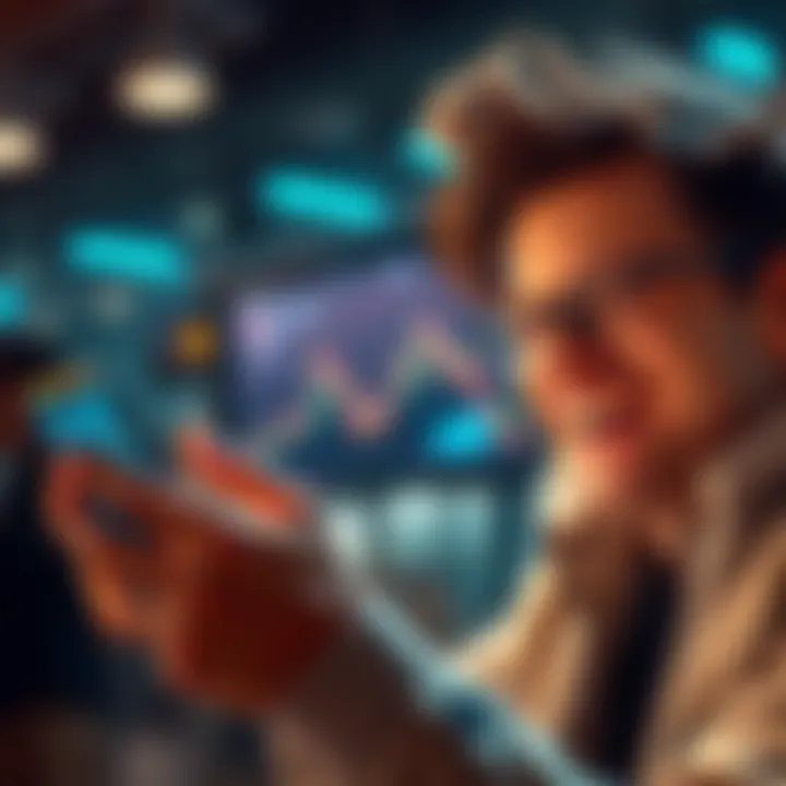 A person smiling while looking at their phone, showing a rising bitcoin chart on the screen, symbolizing a successful first purchase.