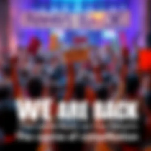 A lively crowd of people celebrating the return of a popular topic with signs and banners