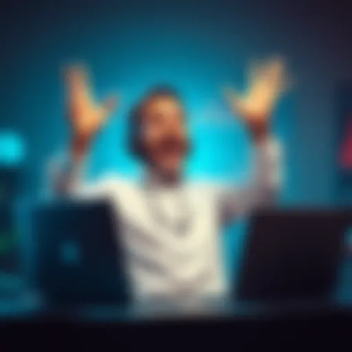 A excited novice investor celebrating a trading success with a laptop showing profit graphs and charts, symbolizing their journey with an AI trading bot.