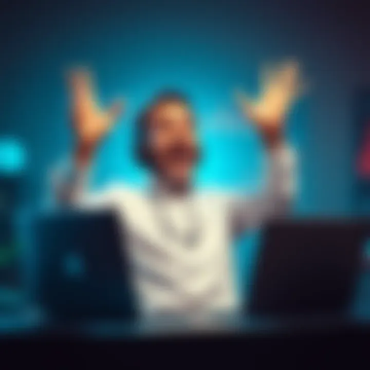 A excited novice investor celebrating a trading success with a laptop showing profit graphs and charts, symbolizing their journey with an AI trading bot.