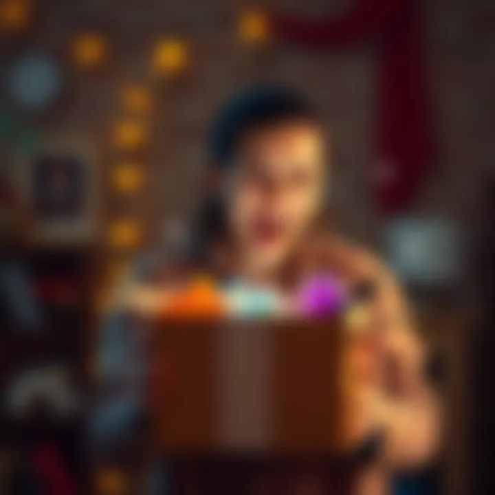 A person joyfully opening a mystery box, revealing colorful items inside