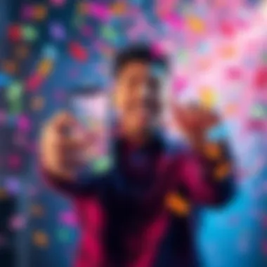 Excited user celebrating app rewards A thrilled person joyfully displaying a smartphone with the rewards from an app spin on the screen, surrounded by colorful confetti.