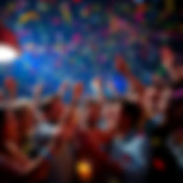 A lively group of people celebrating together in a comment section with colorful confetti and party decorations.