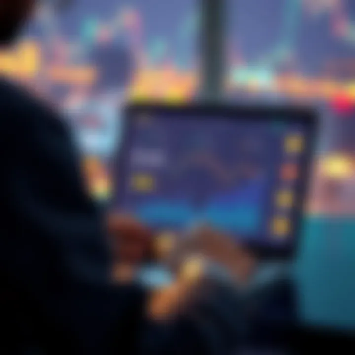 A person reviewing the Exodus Wallet interface on a laptop with charts and cryptocurrency icons