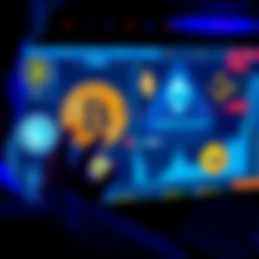 A person analyzing different cryptocurrencies like Bitcoin, Ethereum, and Cardano on a digital screen, considering investment choices.