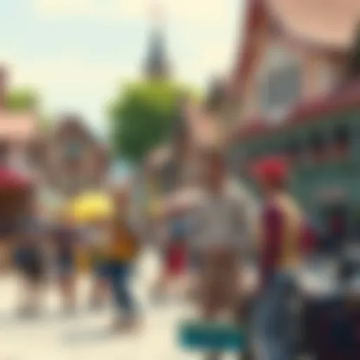 A group of people enjoying various activities in a colorful town square in Gnoland, showcasing local culture and community spirit.