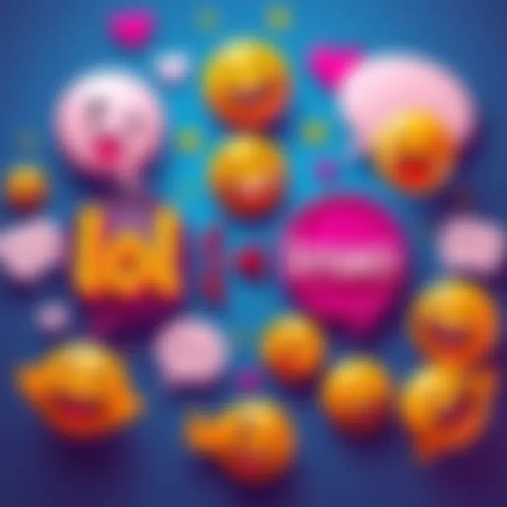 Expressions of Humor A colorful graphic showing the popular internet slang terms 'lol' and 'lmao' surrounded by laughing emojis and chat bubbles, illustrating online communication and humor.