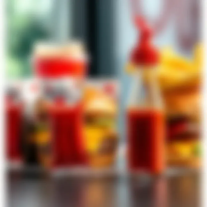 Several ketchup packets placed next to a tray with burgers and fries