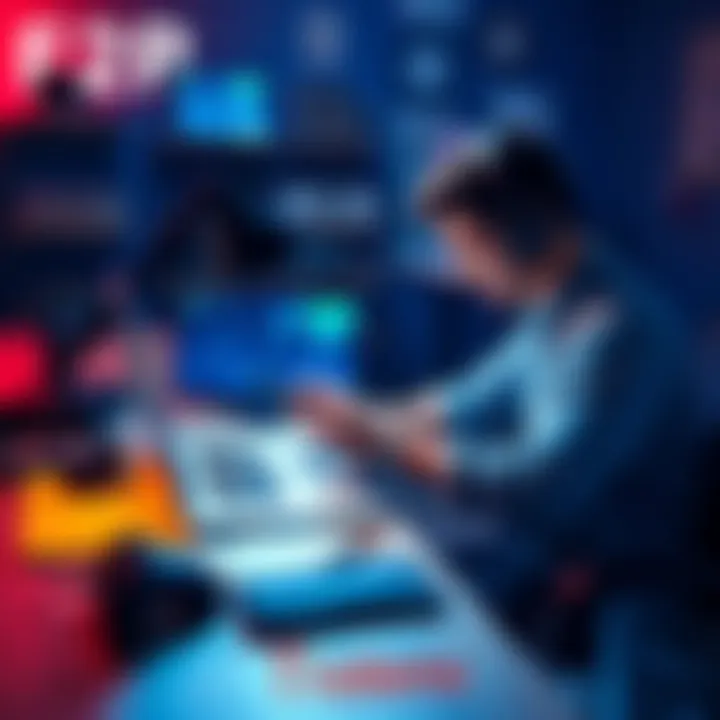 A gamer analyzing strategies for free-to-play games on a laptop, surrounded by gaming gear and notes.