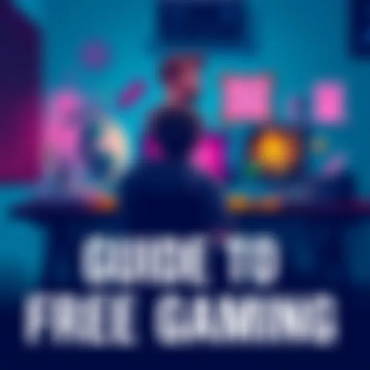 A gamer sitting at a desk, engaged with a video game on a computer, surrounded by tips and strategies on how to play for free.