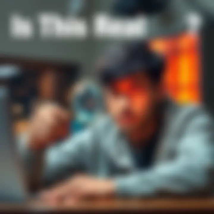 Fact-checking claims A person examining viral claims with a magnifying glass and a laptop, questioning their authenticity.