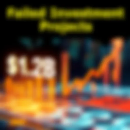 Visual representation of failed investment projects with money icons and downward trending graphs