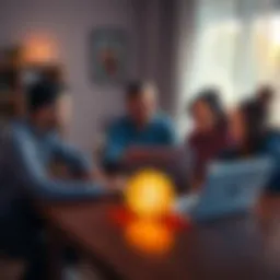 A family sitting around a table, discussing how to secure their Bitcoin for the future, with a laptop and Bitcoin symbol on the table.