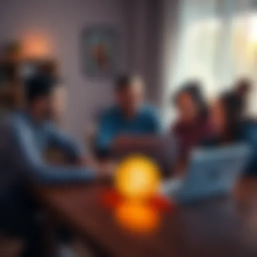 A family sitting around a table, discussing how to secure their Bitcoin for the future, with a laptop and Bitcoin symbol on the table.