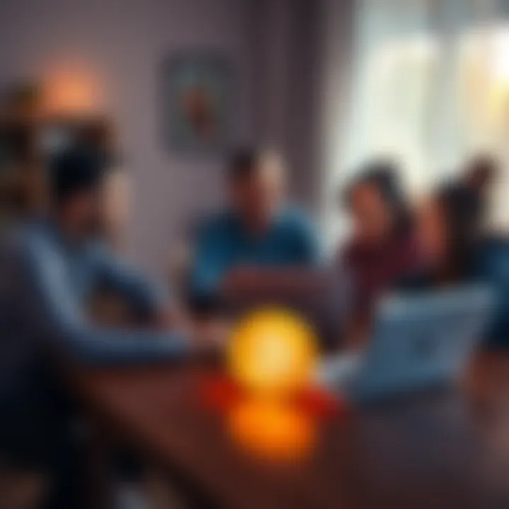 A family sitting around a table, discussing how to secure their Bitcoin for the future, with a laptop and Bitcoin symbol on the table.
